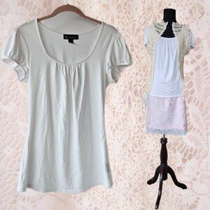 INC White T-Shirt Puff Sleeves Medium Basic Layering Top Coquette Cute Romantic